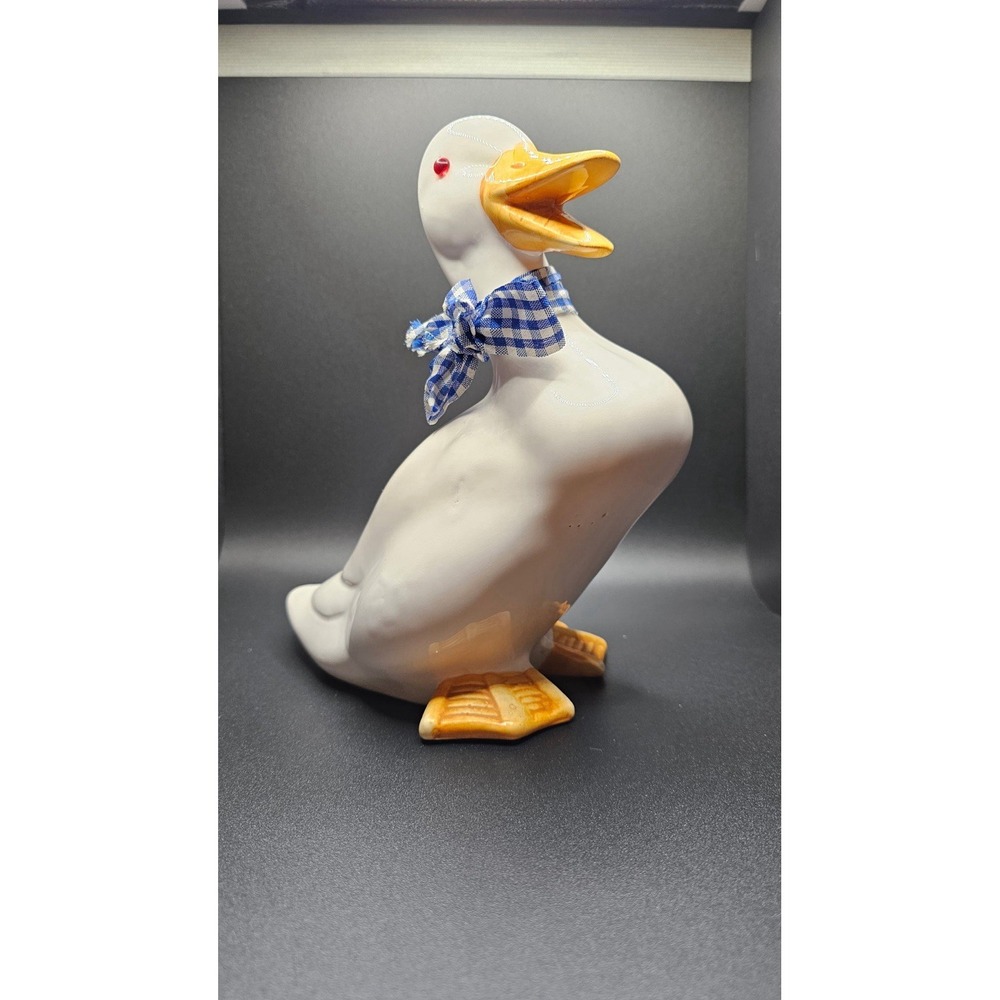 White Glazed Vintage Ceramic Goose W/ Gingham Ribbons & Red Bead Eyes